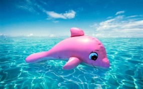 Обои Надувной дельфин: Облака, Море, Игрушка, Горизонт, Дельфин, Настроения