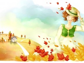 Обои Осенняя девушка: Девушка, Ветер, Осень, Рисунок, Листья, Настроения