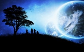 Обои Инопланетная семья: Планета, Дерево, Вектор, Люди, Дети, Настроения