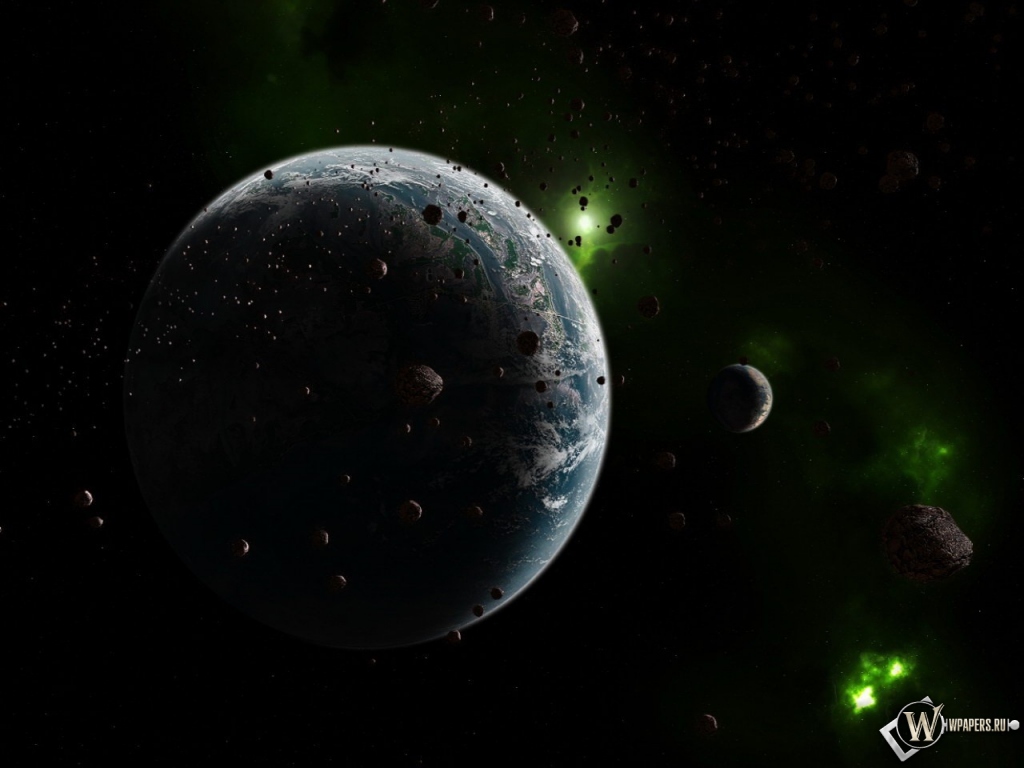 Планета с зелёными астероидами 1024x768