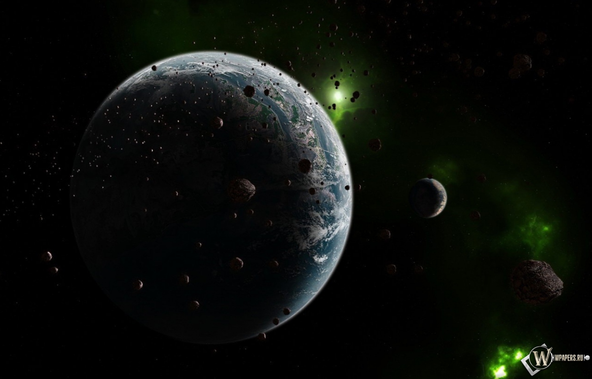 Планета с зелёными астероидами 1200x768