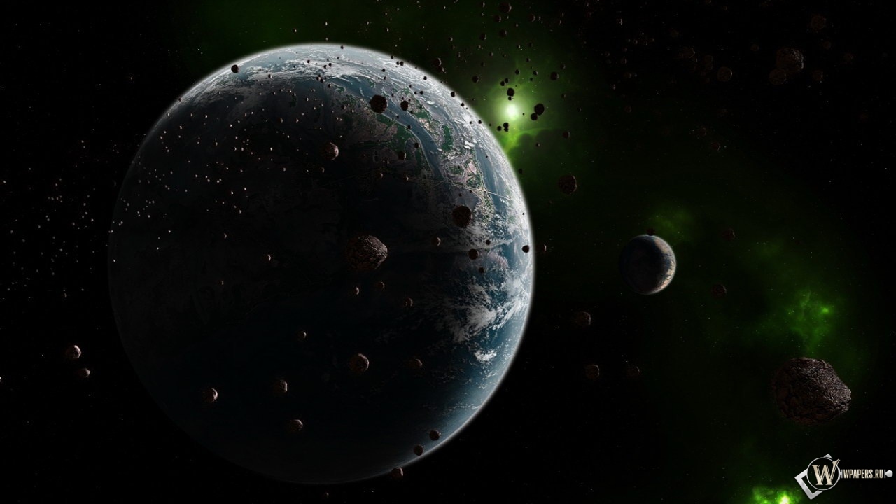 Планета с зелёными астероидами 1280x720