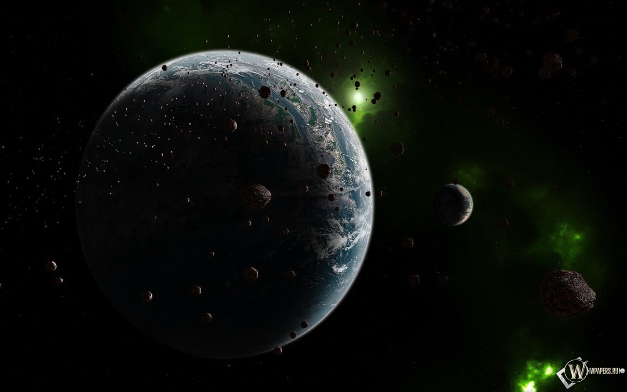 Планета с зелёными астероидами 1280x800