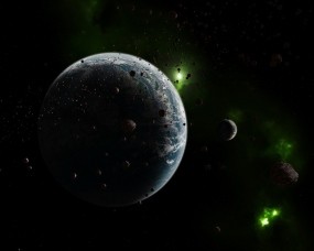 Обои Планета с зелёными астероидами: Космос, Планета, Астероиды, Космос