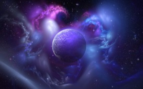 Обои Фиолетовая планета: Планета, Звёзды, Свечение, Небо, Фиолетовый, Космос