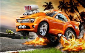 Обои Огненный Chevrolet: Огонь, Авто, Chevrolet, Графика, 3D Авто
