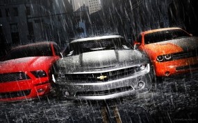 Обои Мускул кары Muscle Cars: Дождь, Асфальт, Chevrolet Camaro, Dodge Challenger, Ford Mustang, Суперкар, Автомобили