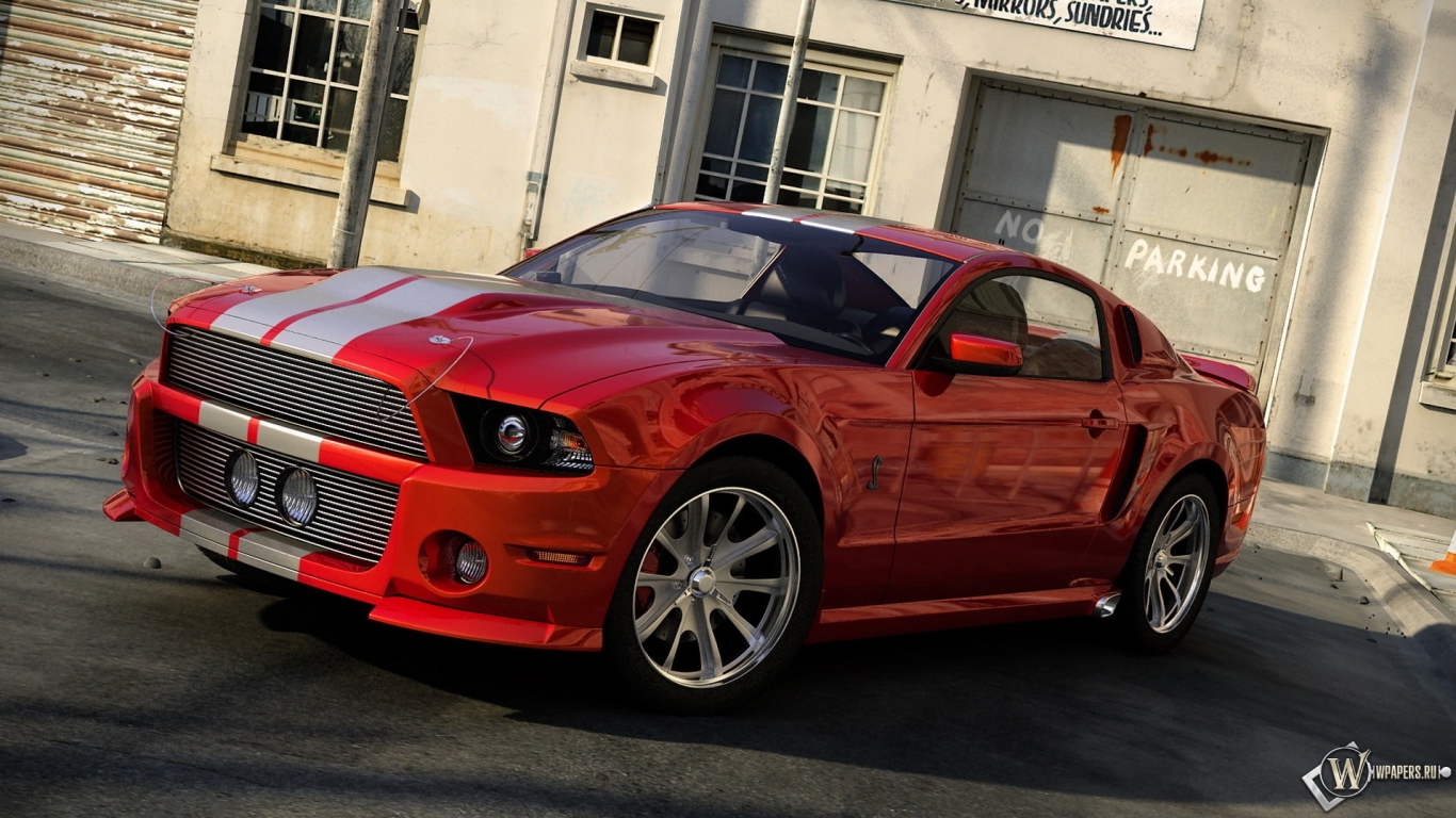 Красный Ford Mustang Custom 1366x768