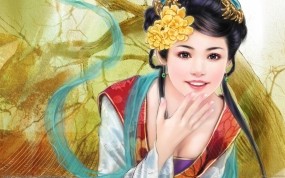 Обои Японская красавица: Улыбка, Девушка, Цветок, Рисунок, Девушки