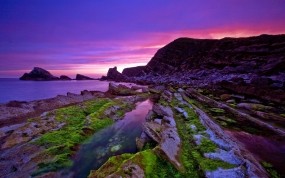 Обои Пейзаж в фиолетовых тонах: Вода, Камни, Скалы, Мох, Природа