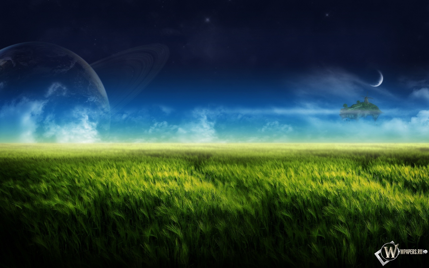 Планета на фоне зелёного луга 1440x900