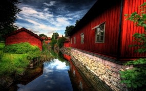 Обои Деревенски пейзаж: Река, Природа, Красный, Дома, Природа