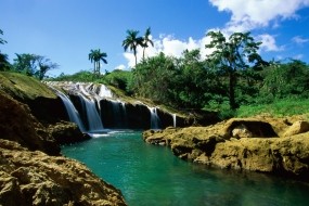 Обои Кубинский водопад: Пальмы, Водопад, Небо, Природа