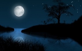 Обои Лунная ночь: Ночь, Луна, Звёзды, Рисунок, Природа