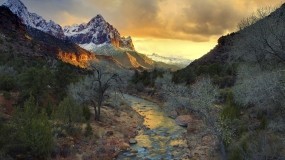 Обои Национальный парк Зайон США: Река, Горы, Деревья, Закат, Небо, Природа