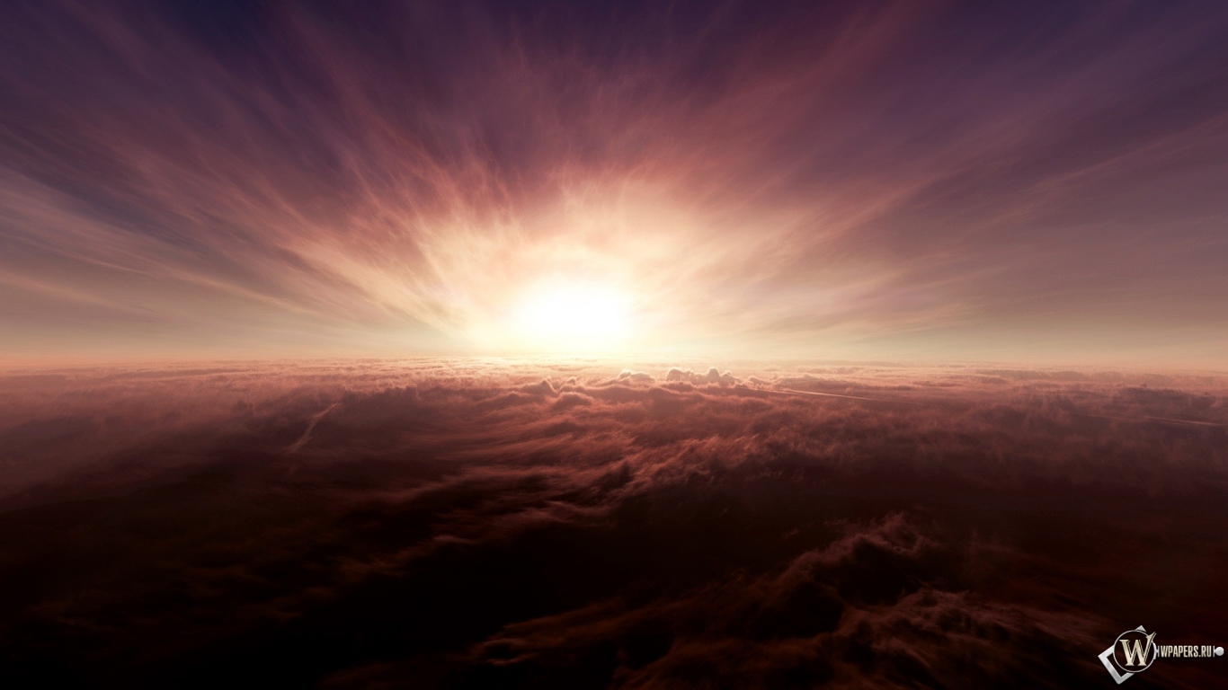 Закат солнца над облаками 1366x768