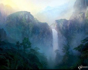 Обои Туманный рассвет над водопадом: Высокие горы, Рассвет, Картина, Водопады