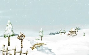 Обои Beautiful Snow Scenery: Зима, Снег, Мост, Речка, Домик, Зима
