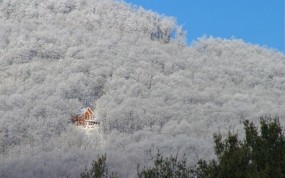Обои Зимний домик в лесу: Зима, Деревья, Гора, Домик, Зима