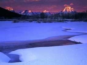 Обои Winter Sunrise: Зима, Горы, Снег, Ручей, Зима