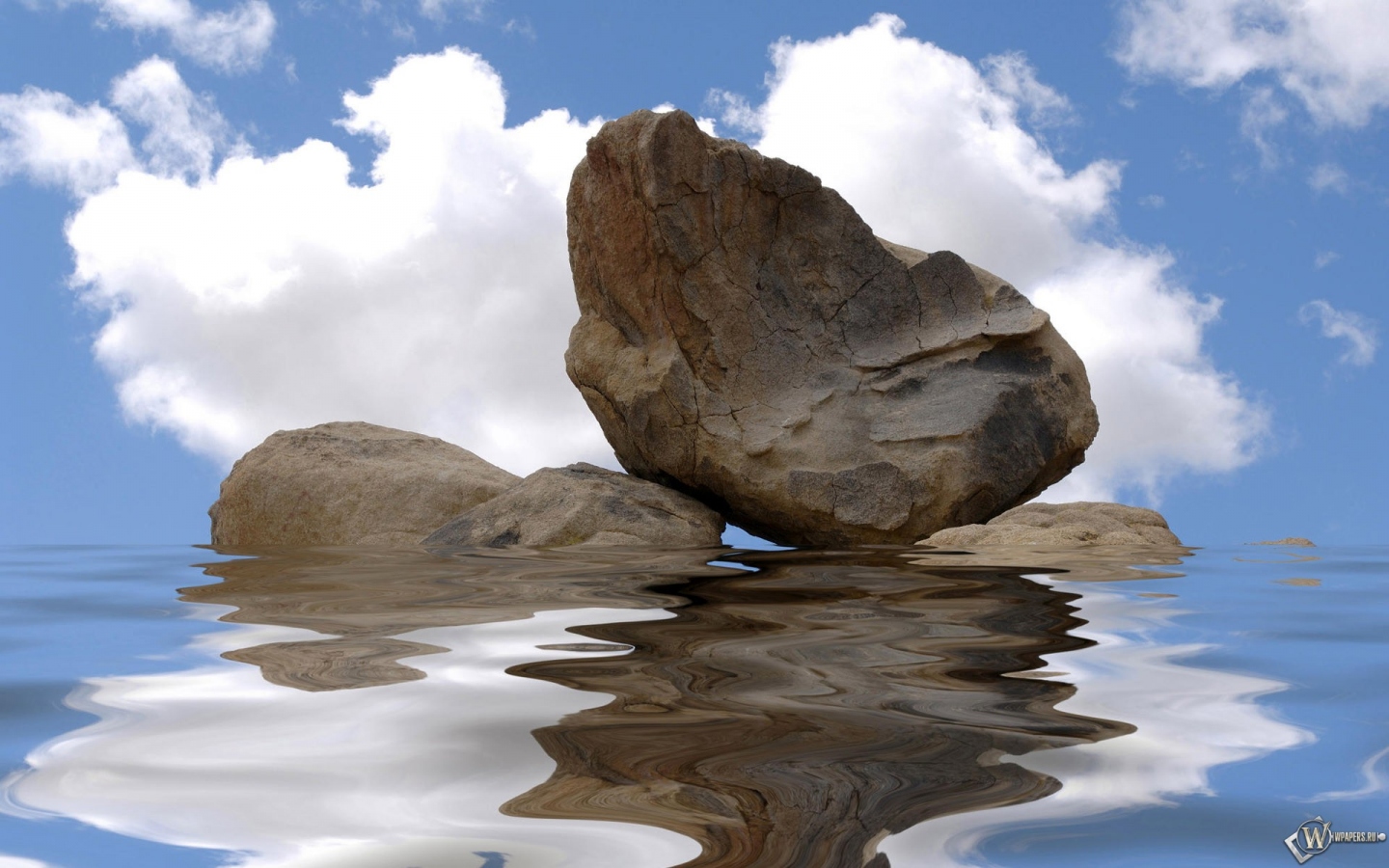 Камни в воде на фоне неба 1440x900